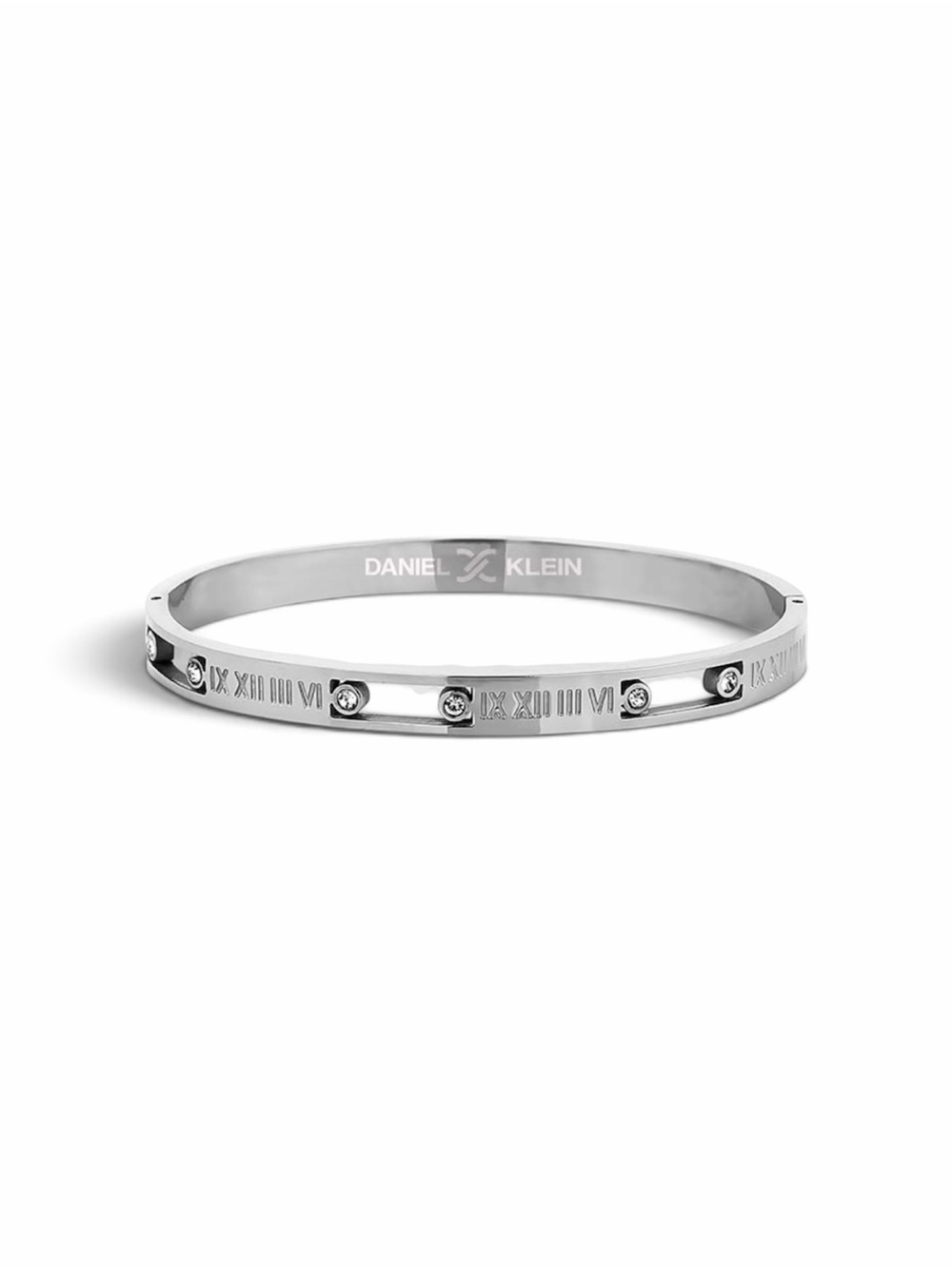 Daniel Klein Silver Stainless Steel Roman Numeral Crystal Bangle Bracelet Cuff